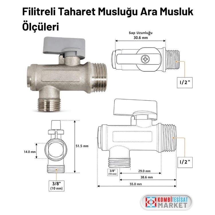 emin-tm-02-Filitreli Ara Musluk Gri Volanlı 1/2 x 3/8