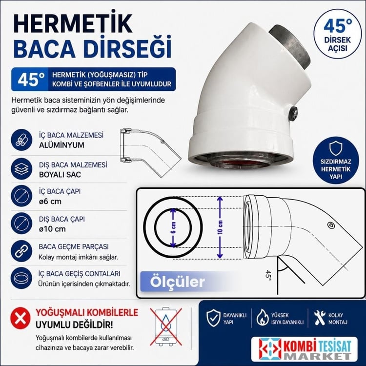 hbacad45-Hermetik Baca Dirseği - 45 Derece (İçi Alüminyum)