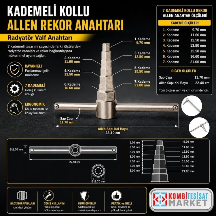 rekoranahtar02-Kademeli Kollu Allen Rekor Anahtarı - Radyatör Valf Anahtarı