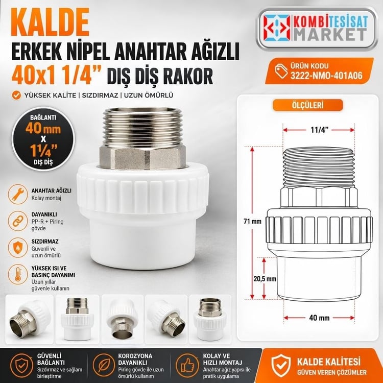 kplddr40-Kalde Erkek Nipel Anahtar Ağızlı 40x1 1/4” Dış Diş Rakor