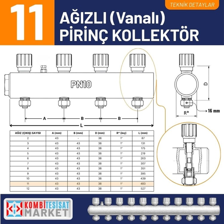 kalde-kol-k-11-Kalde Kendinden Vanalı Kollektör 1''- Kırmızı - 11 Delikli I Ağızlı