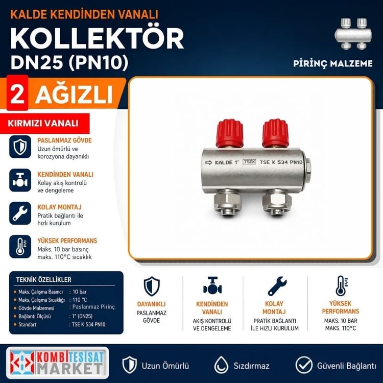 kalde-kol-k-2-Kalde Kendinden Vanalı Kollektör 1''- Kırmızı - 2 Delikli I Ağızlı