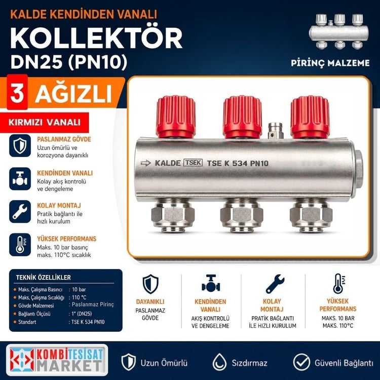 kalde-kol-k-3-Kalde Kendinden Vanalı Kollektör 1''- Kırmızı - 3 Delikli I Ağızlı