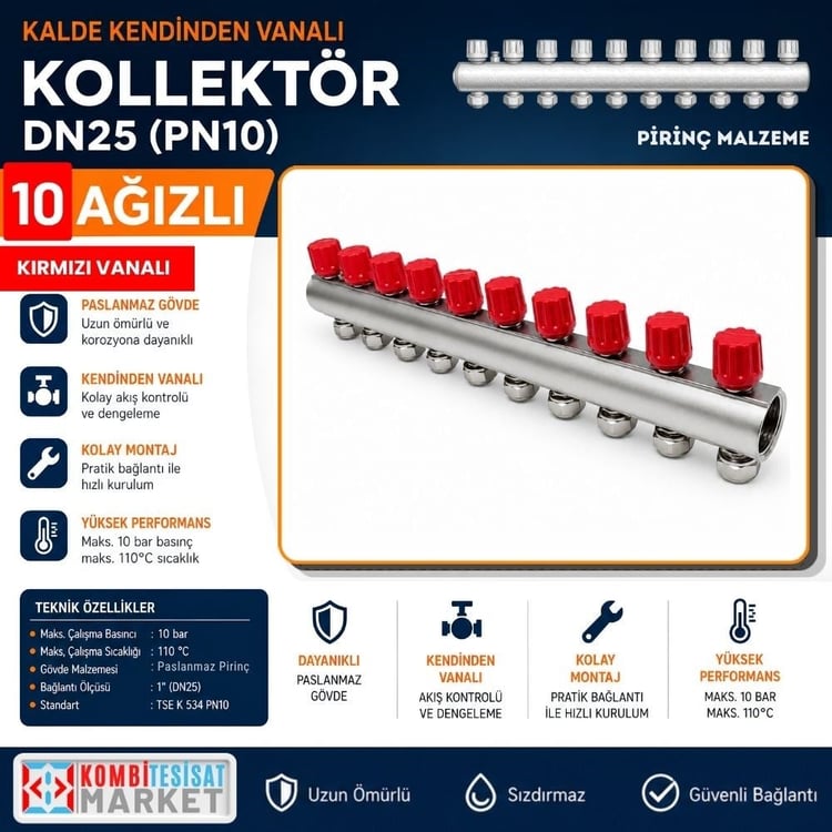 kalde-kol-k-10-Kalde Kendinden Vanalı Kollektör 1''- Kırmızı - 10 Delikli I Ağızlı