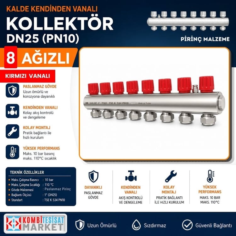 kalde-kol-k-8-Kalde Kendinden Vanalı Kollektör 1''- Kırmızı - 8 Delikli I Ağızlı