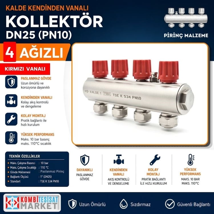 kalde-kol-k-4-Kalde Kendinden Vanalı Kollektör 1''- Kırmızı-4 Delikli I Ağızlı