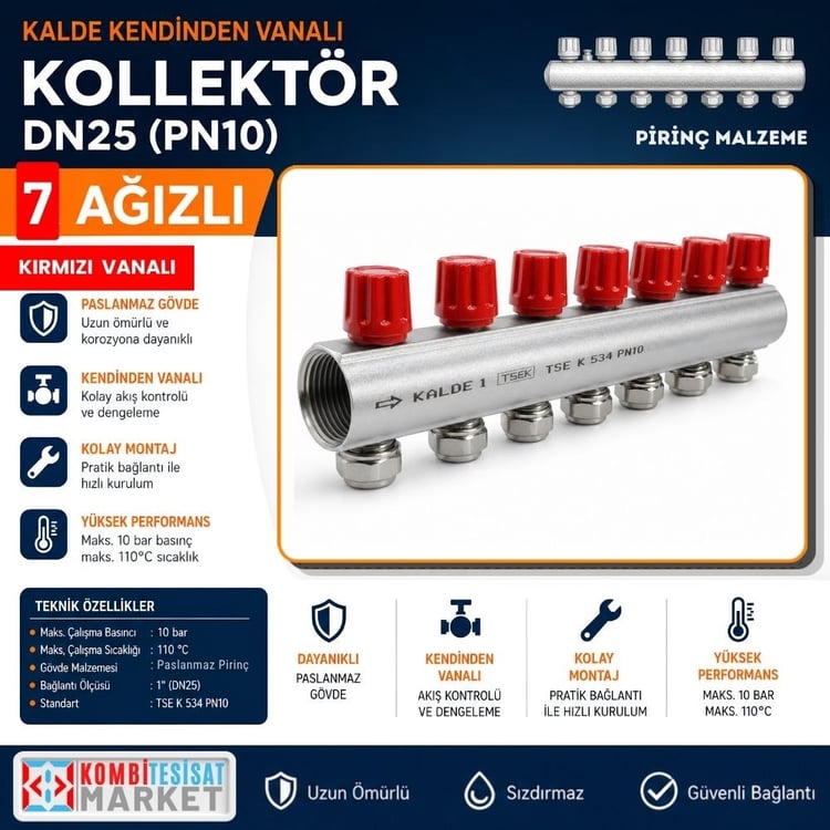 kalde-kol-k-7-Kalde Kendinden Vanalı Kollektör 1''- Kırmızı - 7 Delikli I Ağızlı