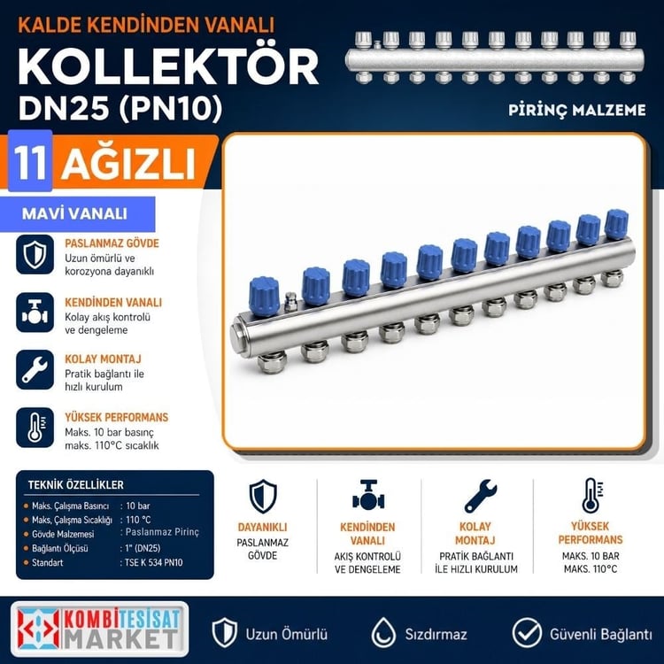 kalde-kol-m-11-Kalde Kendinden Vanalı Kollektör 1''- Mavi - 11 Delikli I Ağızlı