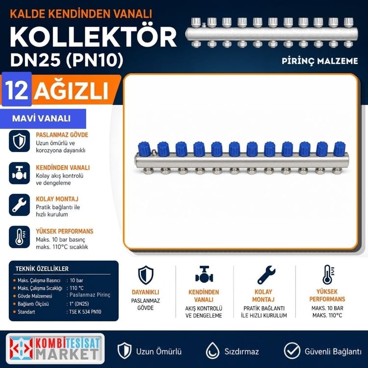 kalde-kol-m-12-Kalde Kendinden Vanalı Kollektör 1''- Mavi - 12 Delikli I Ağızlı