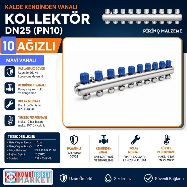 kalde-kol-m-10-Kalde Kendinden Vanalı Kollektör 1''- Mavi - 10 Delikli I Ağızlı
