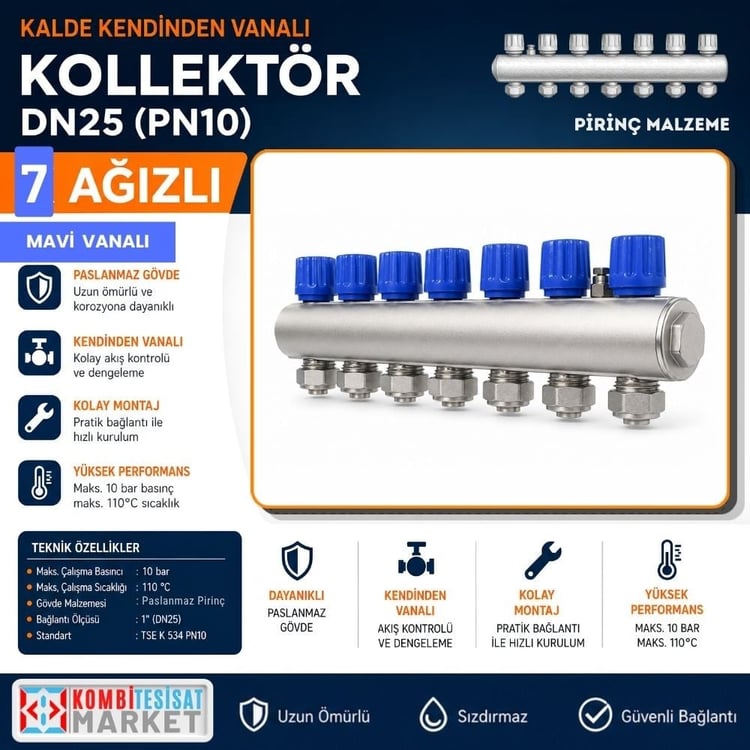 kalde-kol-m-7-Kalde Kendinden Vanalı Kollektör 1''- Mavi - 7 Delikli I Ağızlı