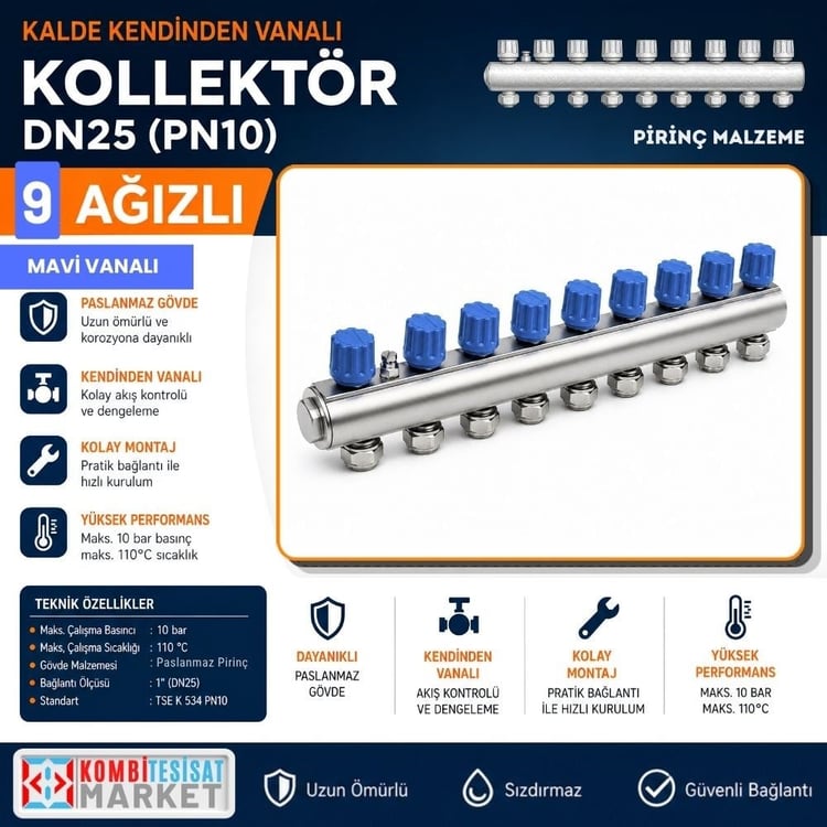 kalde-kol-m-9-Kalde Kendinden Vanalı Kollektör 1''- Mavi - 9 Delikli I Ağızlı