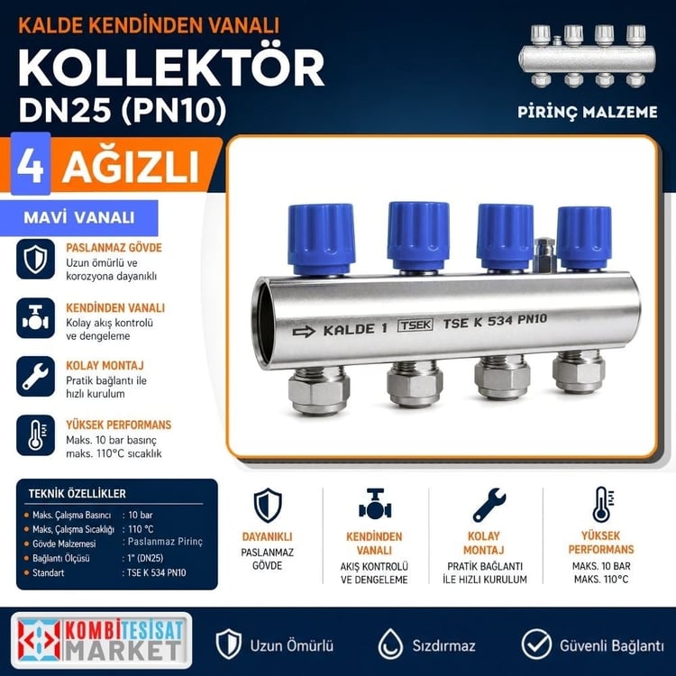 kalde-kol-m-4-Kalde Kendinden Vanalı Kollektör 1''- Mavi - 4 Delikli I Ağızlı