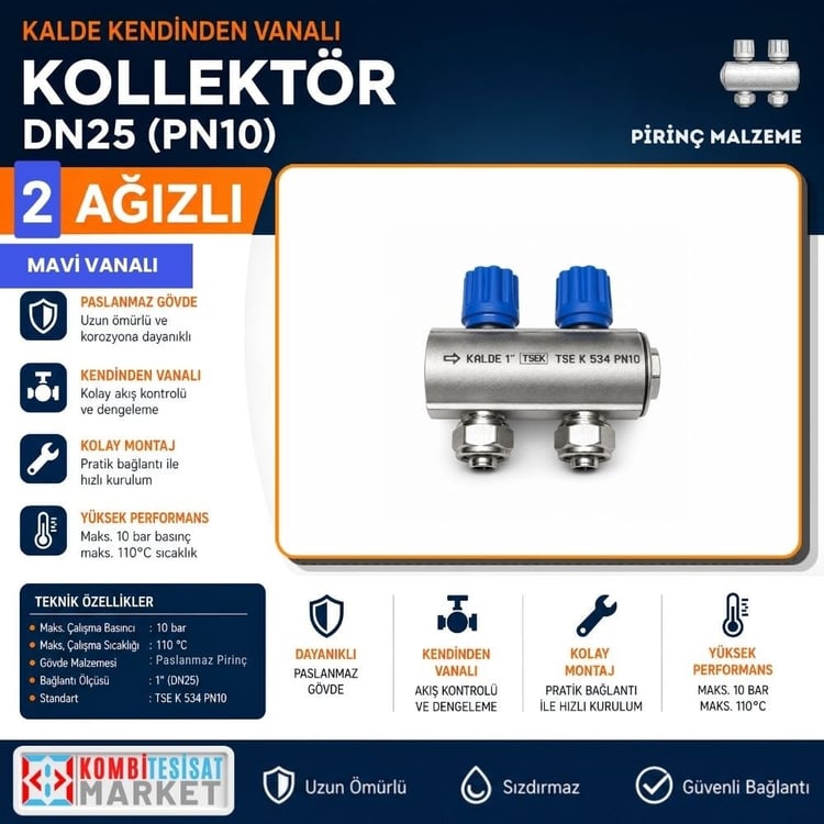 kalde-kol-m-2-Kalde Kendinden Vanalı Kollektör 1''- Mavi- 2 Delikli I Ağızlı
