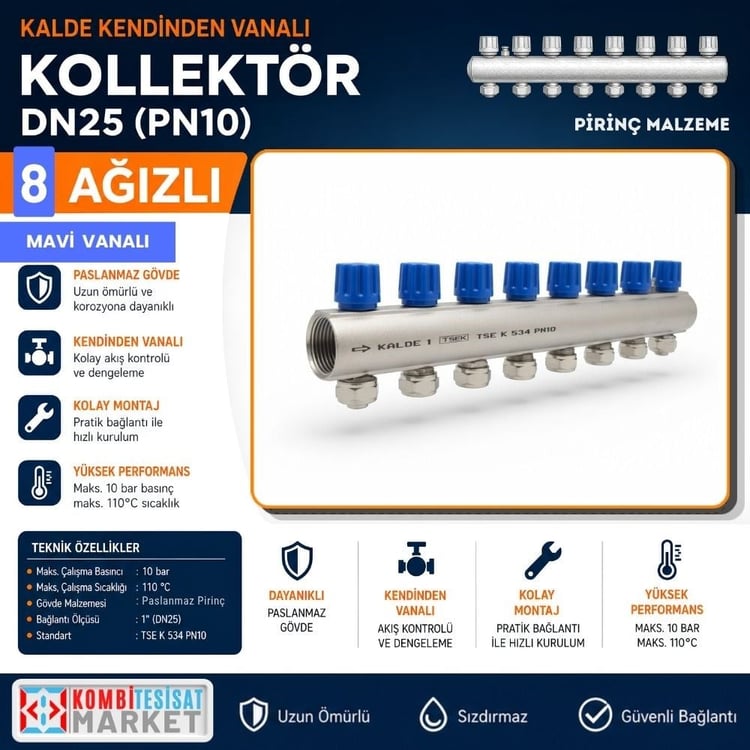 kalde-kol-m-8-Kalde Kendinden Vanalı Kollektör 1''- Mavi - 8 Delikli I Ağızlı