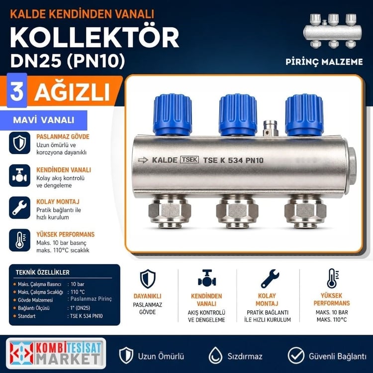 kalde-kol-m-3-Kalde Kendinden Vanalı Kollektör 1''- Mavi - 3 Delikli I Ağızlı