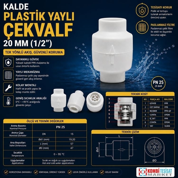 kplcekdik20-Kalde Plastik Yaylı Çekvalf 20 mm