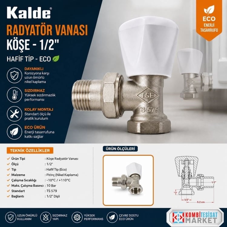 Kalderv05-Kalde Radyatör Vanası - Köşe - 1/2'' - Hafif Tip - Eco