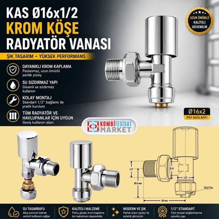 kasrv-0411309-Kas Ø16x1/2 Pex Krom Köşe Radyatör Vanası - Krom Havlupan Vanası
