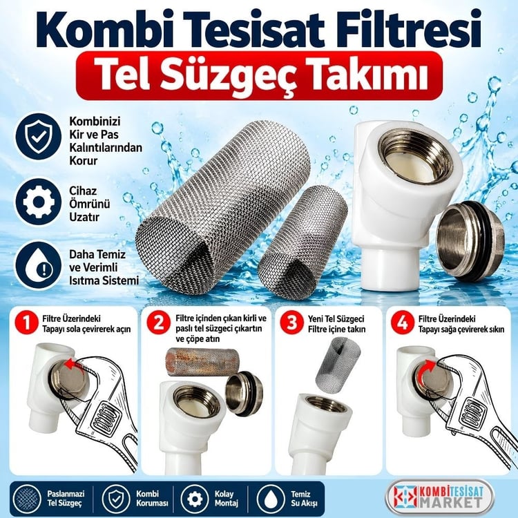 telsuztak02-Kombi Tesisat Filtresi Tel Süzgeç Takımı