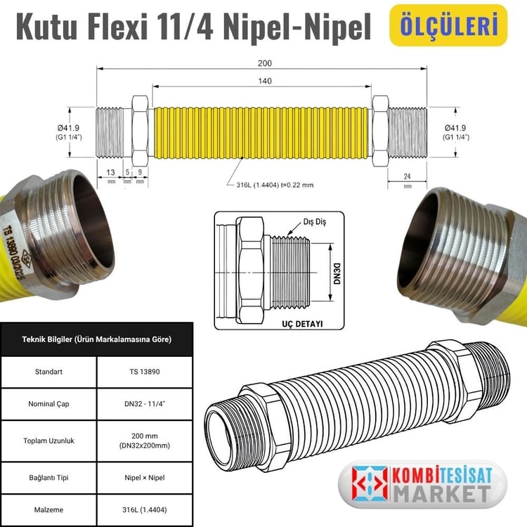 kflexnn-323220-Kutu Bağlantı Flexi 11/4 Nipel-Nipel 20 cm TS 13890