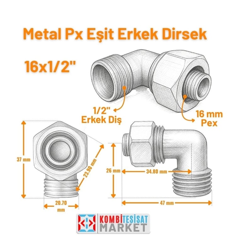pex-edr1615-Metal Pex Erkek Dirsek 1/2x16 mm Dış Dişli