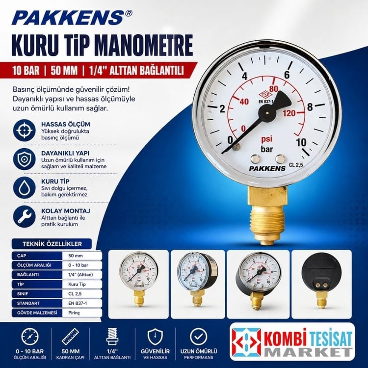 501000107-Pakkens Manometre 50 mm 10 bar 1/4