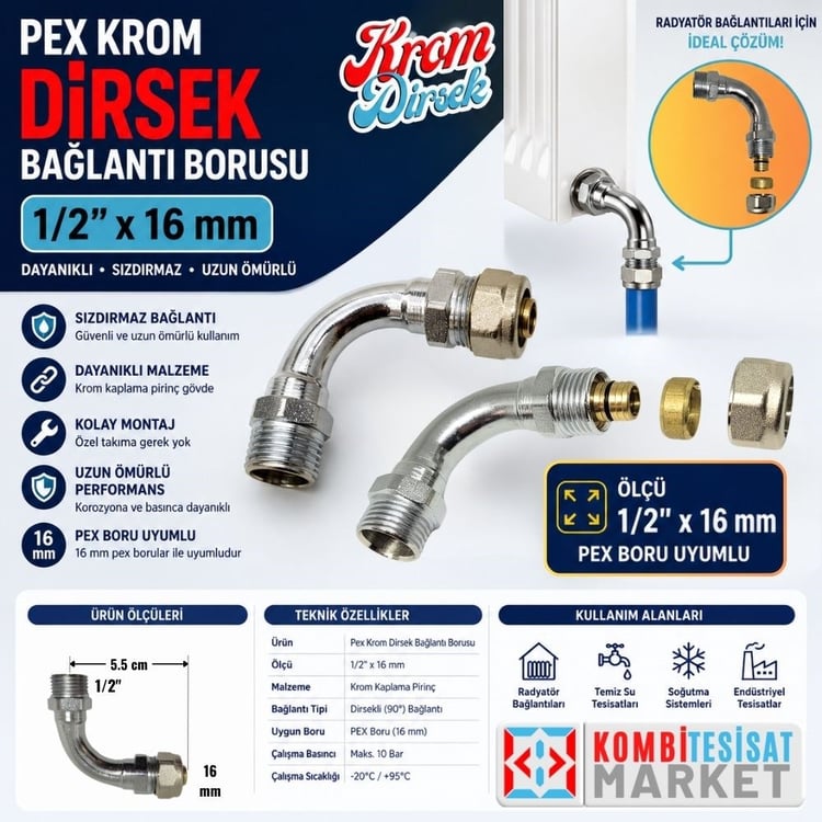 kas-4010010-Pex Krom Dirsek 1/2x16mm Dirsekli Bağlantı Borusu
