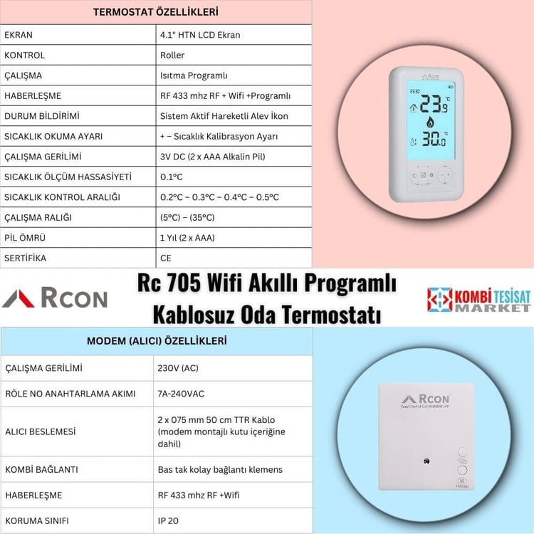rc705-Rcon Rc 705 Wifi Akıllı Programlı Kablosuz Oda Termostatı