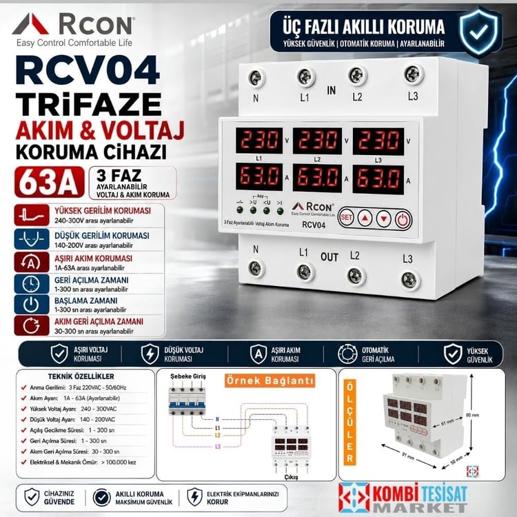rcv04-Rcon RCV04 Trifaze Akım ve Voltaj Korumalı Sigorta 63A