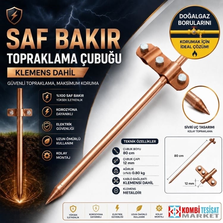 Bakırç03-Saf Bakır Topraklama Çubuğu-80 cm 12 mm-Klemens Dahil
