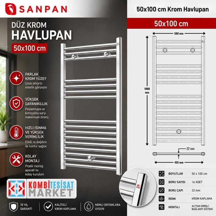 SANPANK510-Sanpan Havlupan Düz Krom  5/10- Sanpan Banyopan 50x100 cm