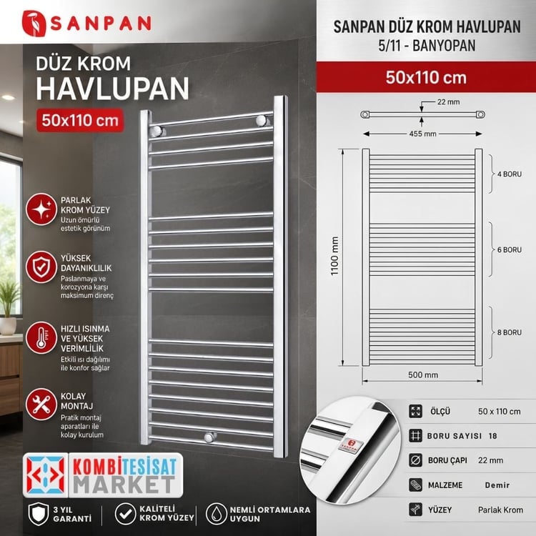 SANPANK511-Sanpan Havlupan Düz Krom  5/11 Banyopan 50x110 cm