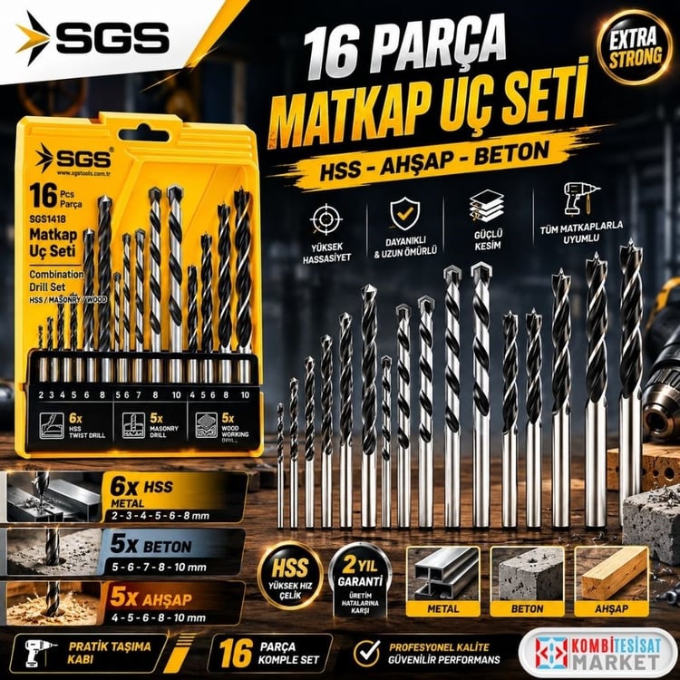 SGS1418-SGS 16 Parça Matkap Ucu Seti Ahşap-Metal-Beton