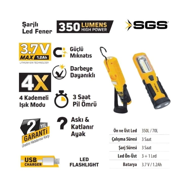ELEKTRİK EMNİYET MALZEMELERİ-SGS-SGS 350 Lümen Şarjlı Led Fener-SGS5054