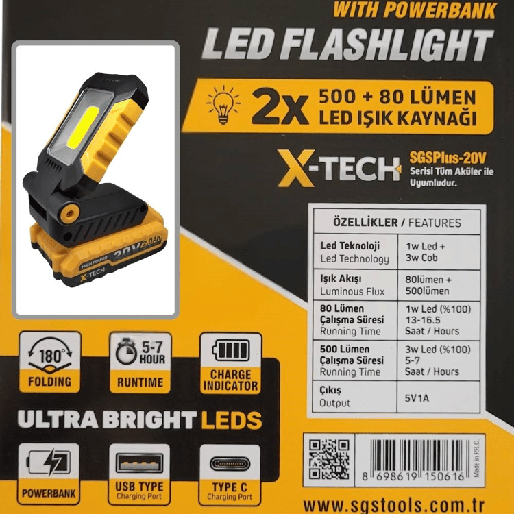 SGS5061-SGS Akü Uyumlu Katlanabilir Led Fener 20V 500 Lümen