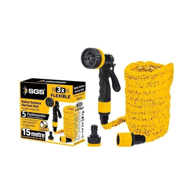 BAHÇE-SGS-SGS Bahçe Sulama Hortum Seti 7 Fonksyonlu Tabanca ve 5-15 Metre Uzayan Hortum-SGS4272
