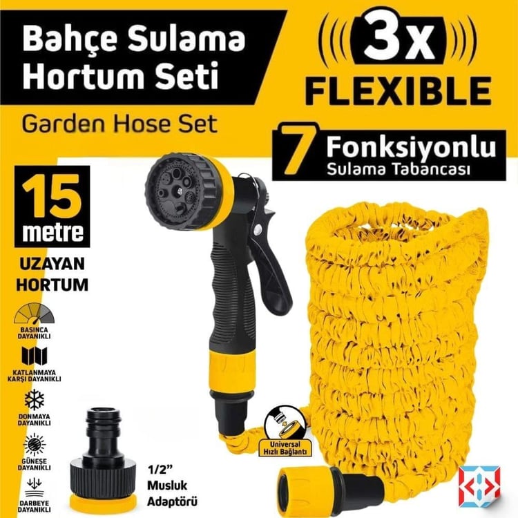 BAHÇE-SGS-SGS Bahçe Sulama Hortum Seti 7 Fonksyonlu Tabanca ve 5-15 Metre Uzayan Hortum-SGS4272
