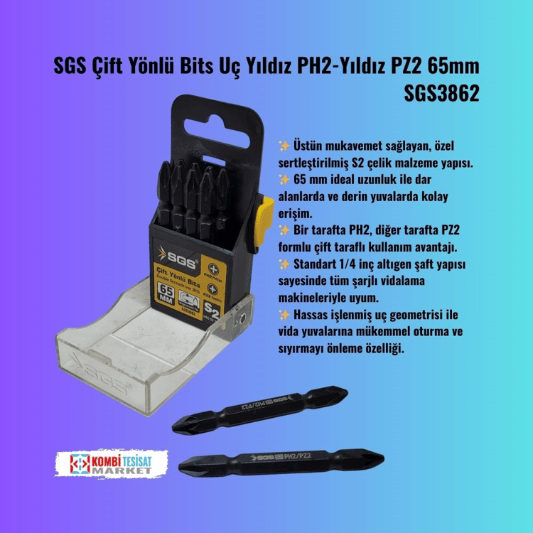 SGS3862-SGS Çift Yönlü Bits Uç Yıldız PH2-Yıldız PZ2 65mm