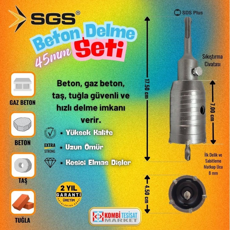 KESİCİ ve DELİCİLER-SGS-SGS Elmas Uçlu Beton Delme Seti 45 mm-SGS1424