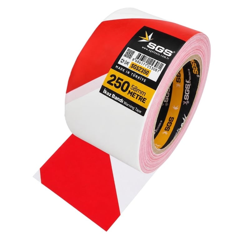 SGS2550-SGS İkaz Bandı 250 Metre Kırmızı-Beyaz Emniyet Şeridi Plastik 58 mm