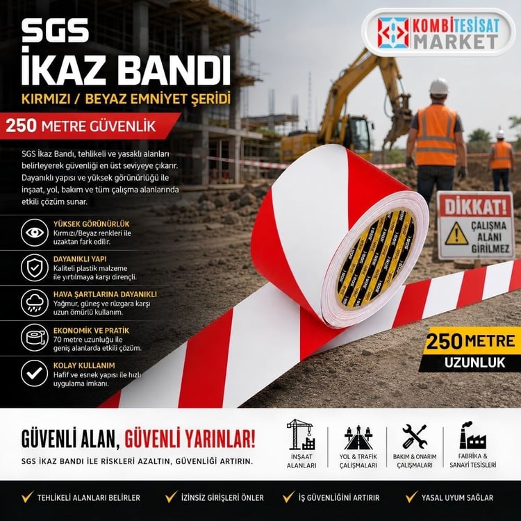 SGS2550-SGS İkaz Bandı 250 Metre Kırmızı-Beyaz Emniyet Şeridi Plastik 58 mm