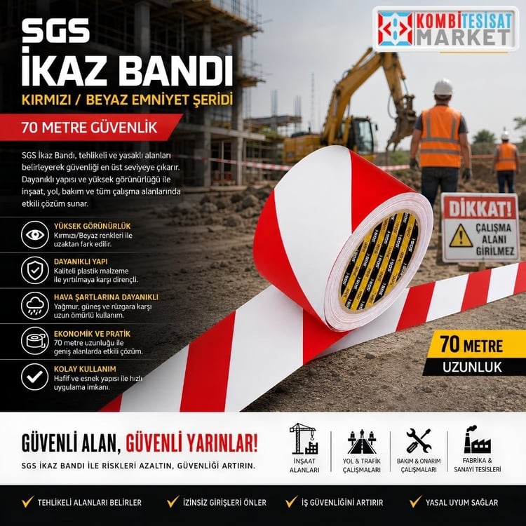 SGS2548-SGS İkaz Bandı 70 Metre Kırmızı-Beyaz Emniyet Şeridi Plastik 58 mm