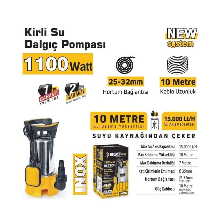 POMPALAR-SGS-Sgs Kirli Su Dalgıç Drenaj Pompası 1100 Watt (Inox)-SGS5373