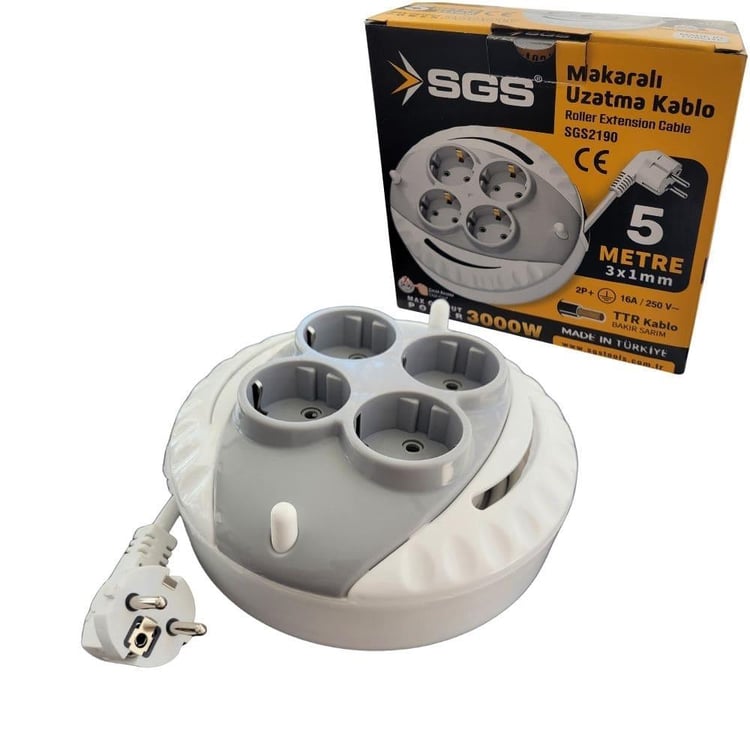 SGS2190-SGS Mini Makaralı Dörtlü Uzatma Kablosu 5 metre