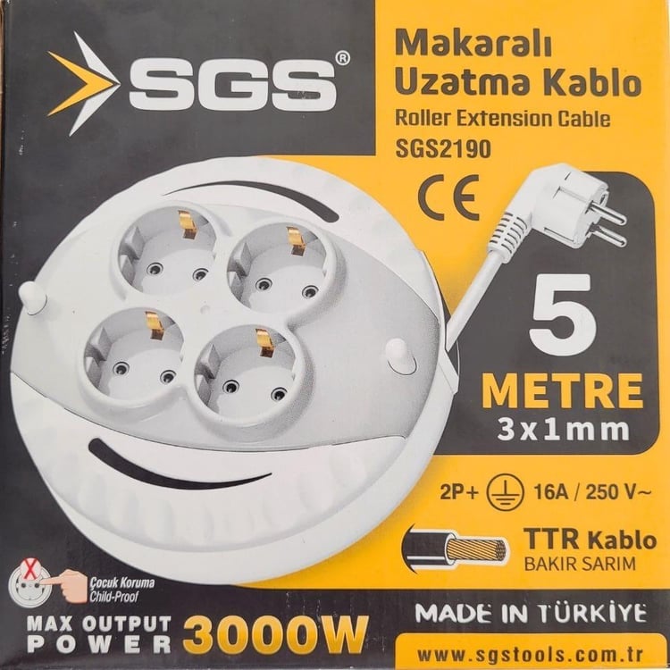 SGS2190-SGS Mini Makaralı Dörtlü Uzatma Kablosu 5 metre