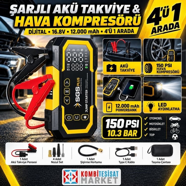 SGS5399-SGS Şarjlı Akü Takviye Ve Hava Kompresörü Dijital 16.8V 12.000 Mah 4 İn 1