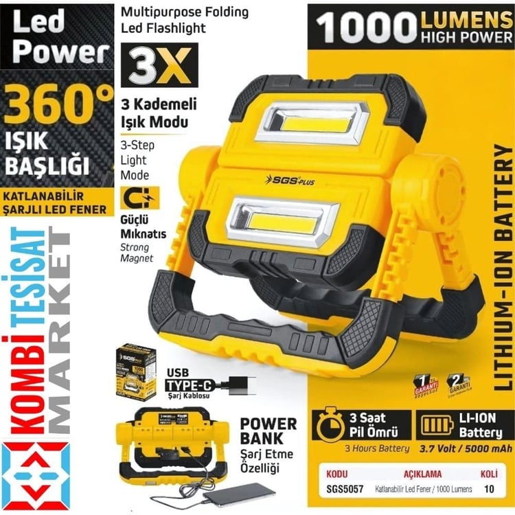 ELEKTRİK EMNİYET MALZEMELERİ-SGS-SGS Şarjlı LED Lamba ve Power Bank 1000 Lümen- 5000 mAh-SGS5057