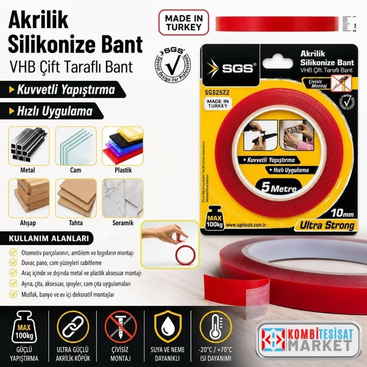 SGS1221-SGS VHB Çift Taraflı Akrilik Silikonize Şeffaf Bant 10mm x 5m