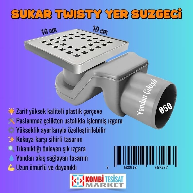 sys-0575022-Sukar Twisty 10x10 Yer Süzgeci Ø50 Yandan Çıkışlı
